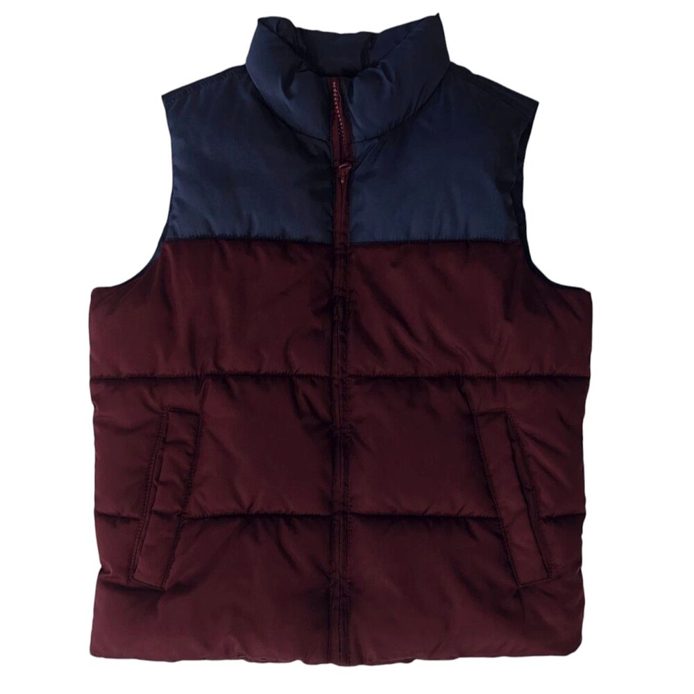 Old Navy Boys Puffer Vest 8 M Medium Zip Up Navy Blue Burgundy Red Jacket Coat
